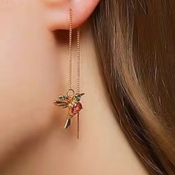 Hummingbird Earrings Bird Chain Dangle Colorful Glam Whimsical Sytlish Trendy - Picture 7 of 7